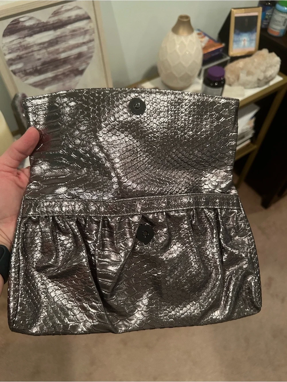 Metallic Textured Fold-Over Clutch Handbag - Pewter